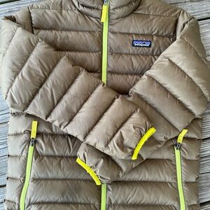 Patagonia Kids Tan/Copper Puffer Jacket with Yellow Accents